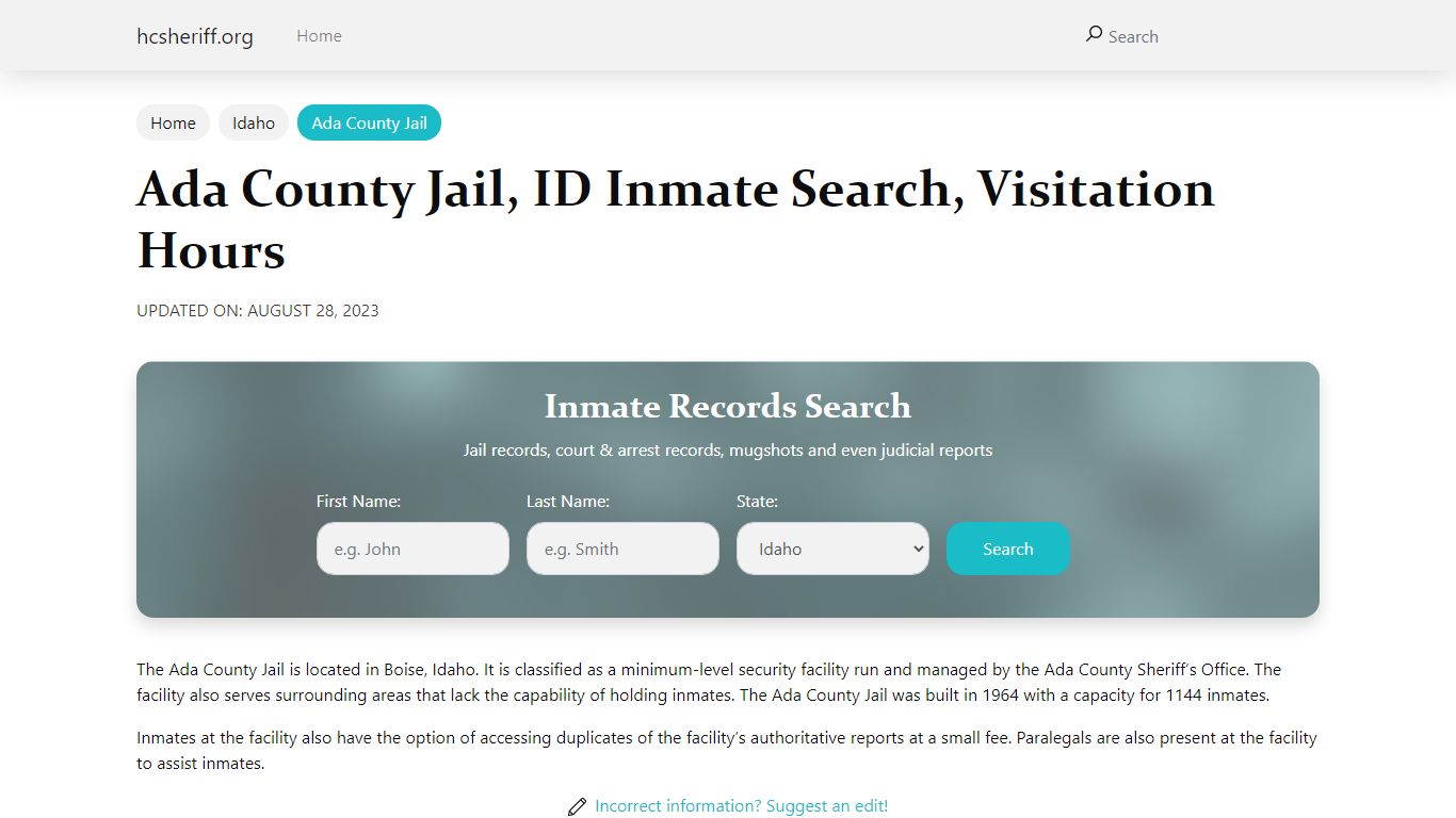 Ada County Jail, ID Inmate Search, Visitation Hours